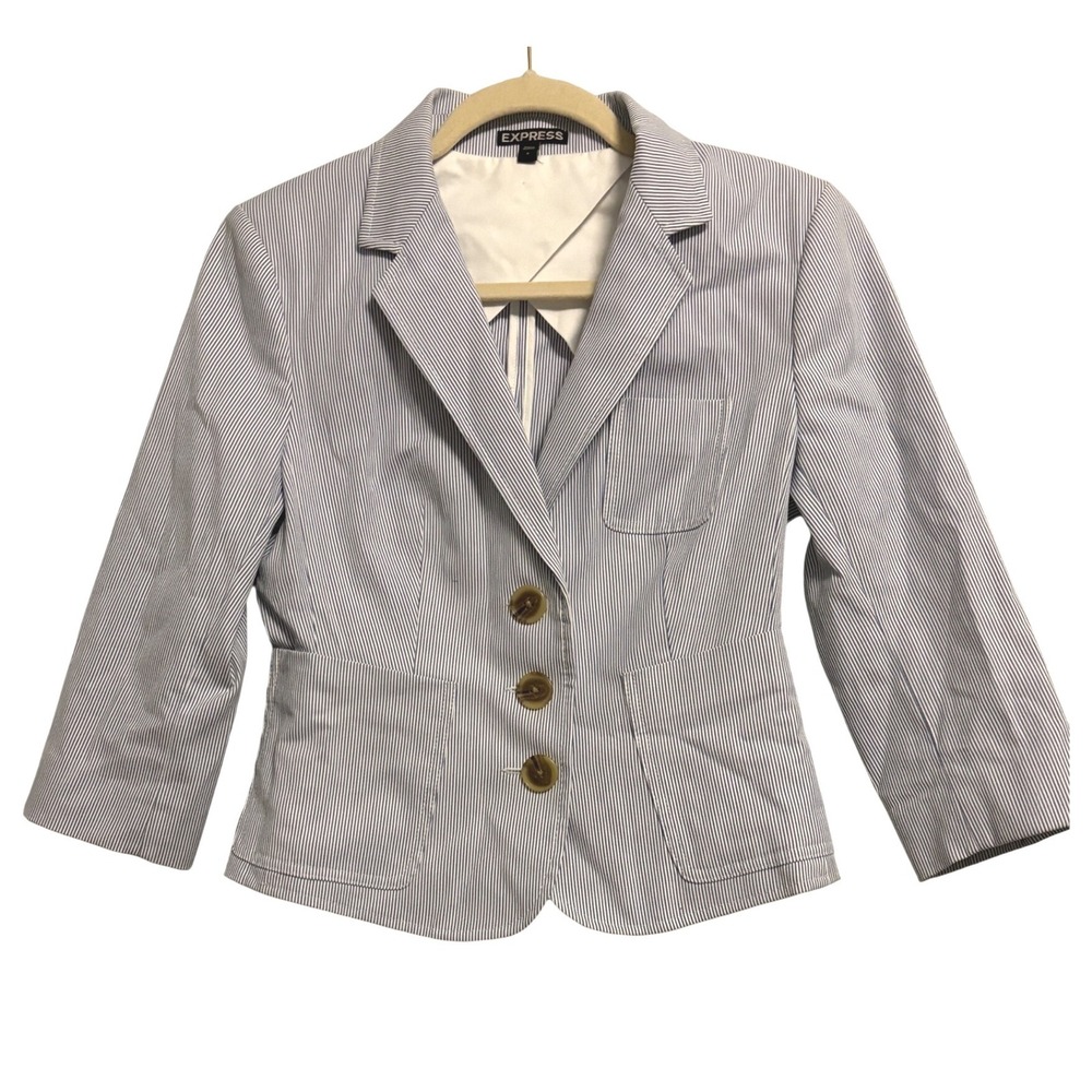 Express Womens‎ Blue White Striped Seersucker 3-Button Blazer Jacket Size 4 4